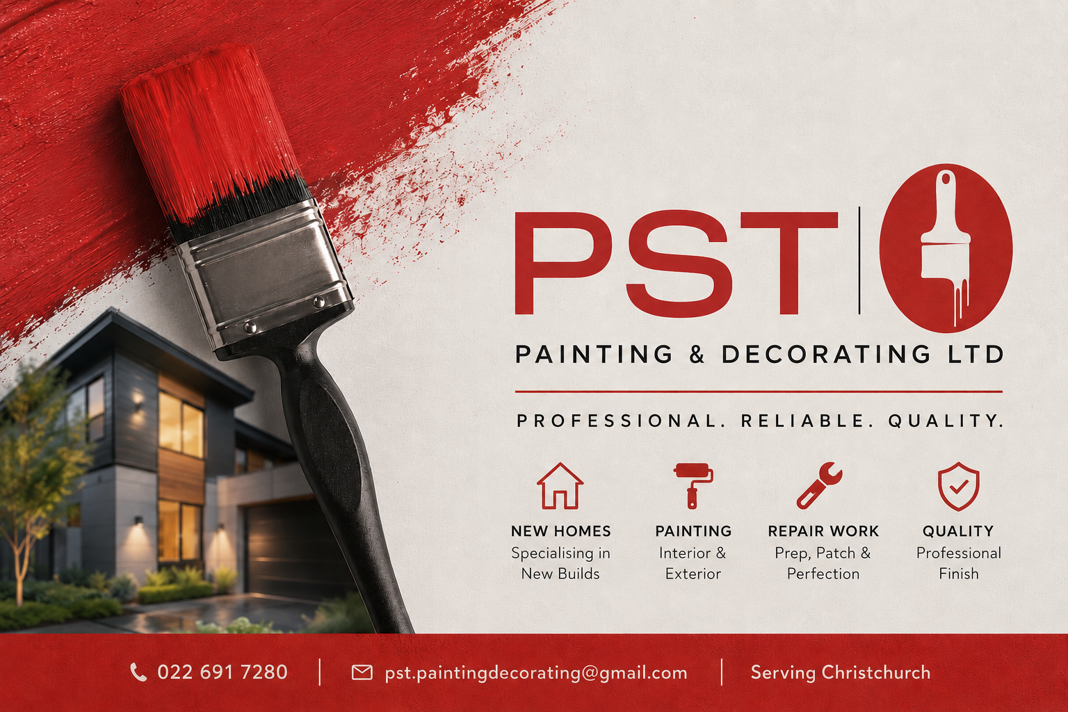 PST Painting & Decorating Ltd brand card with contact details